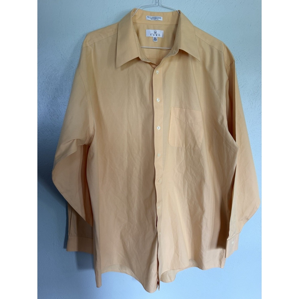 Enro Mens Yellow Dress Shirt 18.5 37-38 Tall Non-Iron Combed Cotton Button Up
